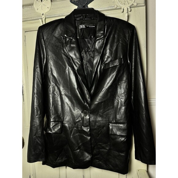 ZARA Faux Leather Blazer Jacket Black One Button Women’s Size S - Picture 4 of 7